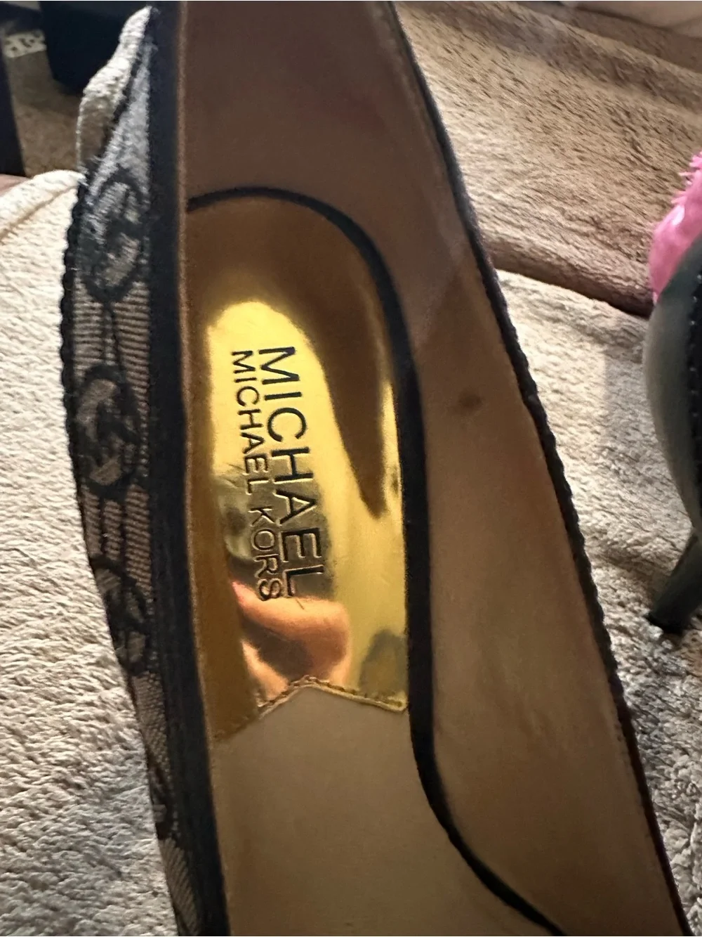 Michael Kors Black and Tan MK Logo Pointed-Toe Heels